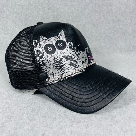 Hooters Hat Women’s Black Vegan Leather Rhinestones Owl Snap‎ Back OSFM Vtg - Picture 12 of 16